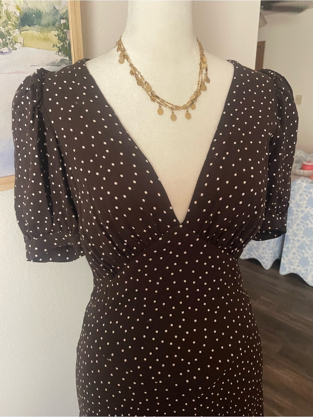 Reformation Naira Dress Polka Dot Midi Brown White US 6 - Picture 6 of 7